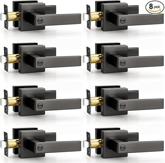 Probrico 8 Pack Privacy Gunmetal Black Door Handles with Lock, Interior Grey Reversible Levers for Bedroom & Bathroom