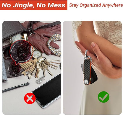 T-carbon Key Organizer, Carbon Fiber Leather Compact Key Holder, Silent Keychain, Expandable Key Case Holds Up to 8 Keys