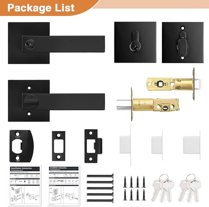 Probrico Heavy Duty Square Entry Levers and Single Cylinder Deadbolts Combo Pack, Flat Black Keyed Alike Entry Door Locksets for Office Bedroom and Front Door, 5 Pack(All Same Keys)