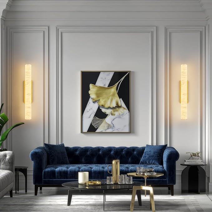 LMQNINE Natural Alabaster Wall Sconces Spanish Marble Wall Light Cylinder Modern Gold LED Sconce for Living Room Bedroom Bathroom Stairs（M-1Pack）