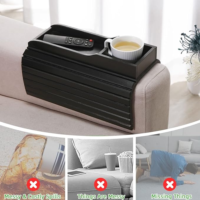 GEHE Couch Cup Holder, Anti Falling Sofa Arm Tray, Natural Bamboo Sofa Cup Holder More Safe for You Family, Portable Couch Arm Tray Armrest Table for Remote, Snacks, Phone, Drinks