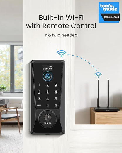 DESLOC WiFi Smart Lock D110 Plus, Built-in Wi-Fi No Hub Needed, Fingerprint Keyless Entry Front Door Lock, Touchscreen Keypad Deadbolt, Remote Control, Auto Lock, Anti-Peep PIN, BHMA, Alexa Compatible