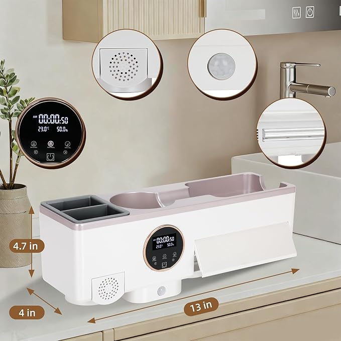 Toothbrush Holder Cleaner, Smart Automatic Toothbrush & White Hair Dryer Holder, Sensor Light, Touch Screen Timer, Bathroom Wall Accessories Organizer