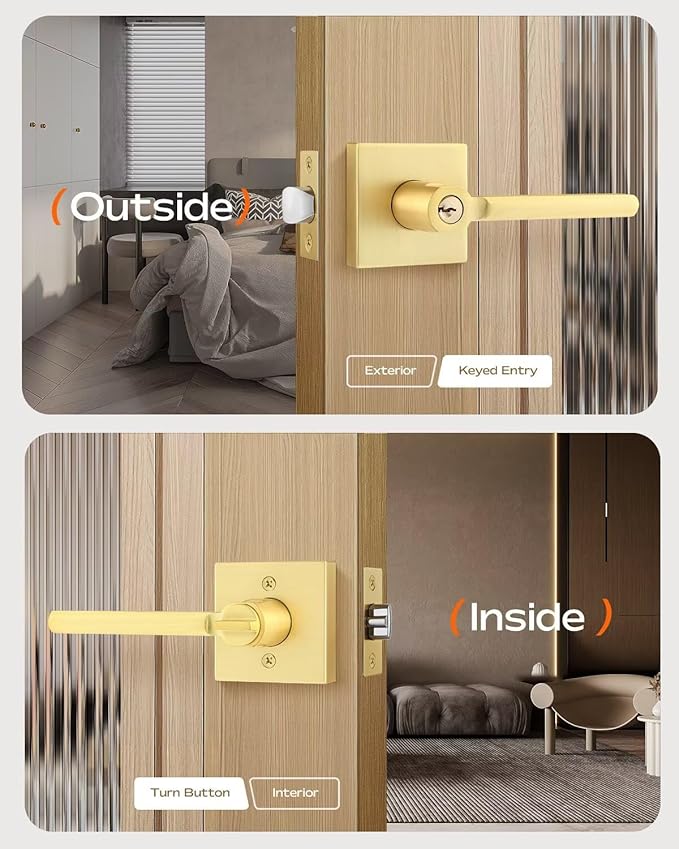 Leydebong 1 Pack Door Lever Lock Satin Brass Front/Exterior Door Handle Set Keyed Alike/Combo Keys, Gold Heavy Duty Left/Right Handing Exterior Door Handle, Entry Door Handle