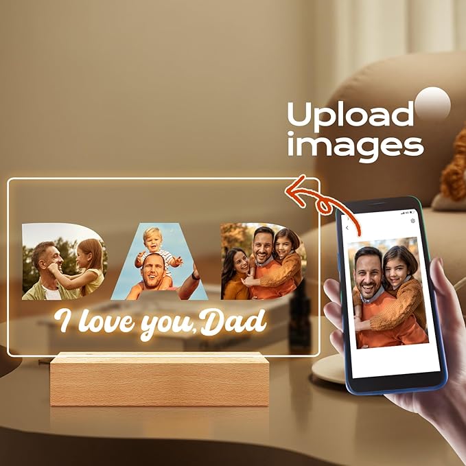 Custom Picture Frames with Photo, Custom Photo Frame with Night Light, Personalized Picture Frame, Personalized Valentines Day Gifts for Dad from Daughter & Son
