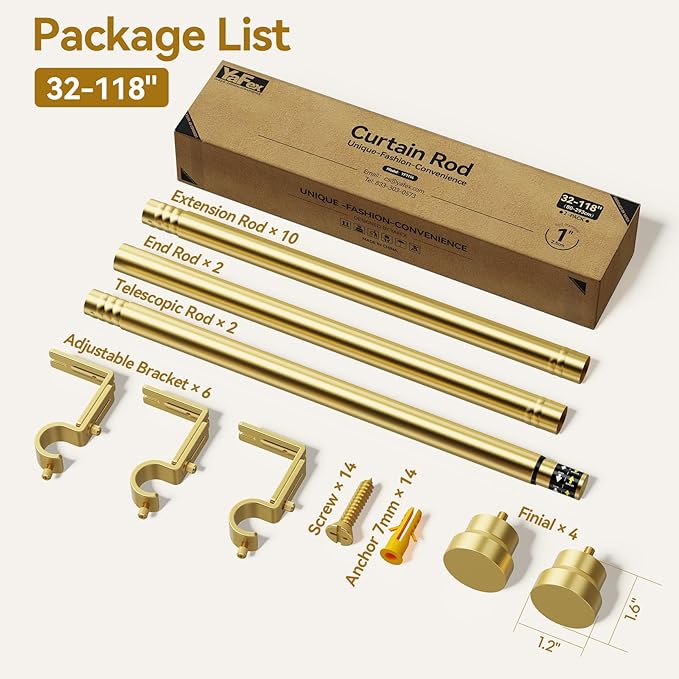 Curtain Rod 2 Pack 32-118 Inch, Heavy Duty 1 Inch Curtain Rod, Gold Long Adjustable Window Treatment Rods,Modern Design, Easy Installation