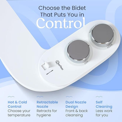 CLEAR REAR Bidet Attachment for Toilet Seat - Non-Electric, Self-Cleaning Dual Nozzle, Adjustable Water Pressure, Rear & Feminine Wash Hygienic Upgrades - Fits Elongated Toilets (Cold & Warm Water)