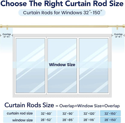 2 Pack Curtain Rods for Windows 72 to 144 Inch, 1 Inch Gold Curtain Rods Set, Adjustable Heavy Duty Outdoor Curtain Rod for Patio Bedroom, Drapery Rods with End Cap, Size 32"- 150"
