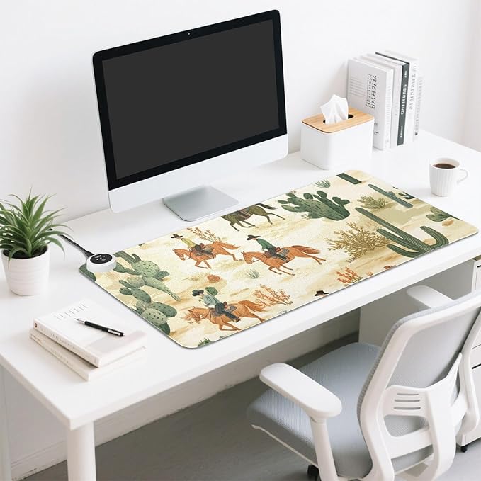 Heated Desk Pad Mouse Pad 31.5x13 Inch PU Leather Desk Mat with 3 Heat Levels Large Mouse Gaming Computer Laptop Mat Cute Cacti Desert Cowboys Horses