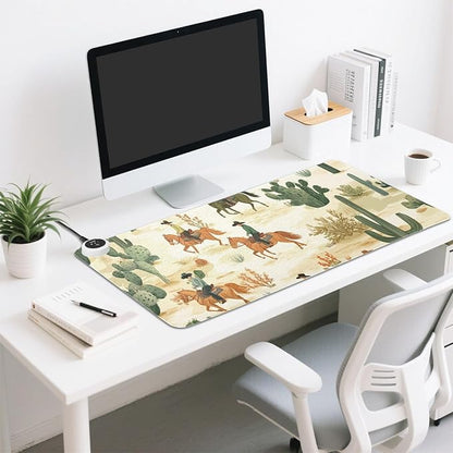 Heated Desk Pad Mouse Pad 31.5x13 Inch PU Leather Desk Mat with 3 Heat Levels Large Mouse Gaming Computer Laptop Mat Cute Cacti Desert Cowboys Horses