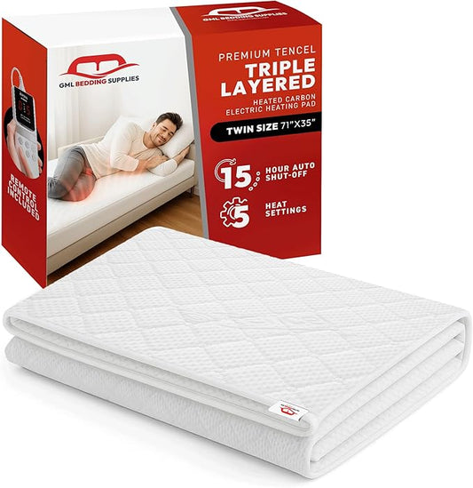GML Premium Tencel Triple-Layer Heated Mattress Pad, Machine Washable, 15-Hour Auto Shut-Off, 5 Heat Settings, Timer, Smart Controller, Electric Mattress Pad & Bed Warmer - Twin Size, 71x35