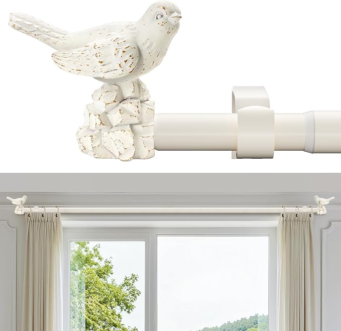 White Curtain Rod 36 to 144 Inches Curtain Rods for Windows Adjustable Heavy Duty Drapery Rod with Bird Finials for Kitchen Window Living Room