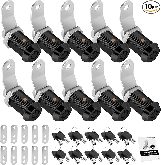 10 Pack Cabinet Lock with Keys, 1" RV Storage Locks Keyed Alike, RV Locks for Storage Door, Camper Toolbox RV Cam Locks with Manual(Black, 10Pack, 1 Inch)