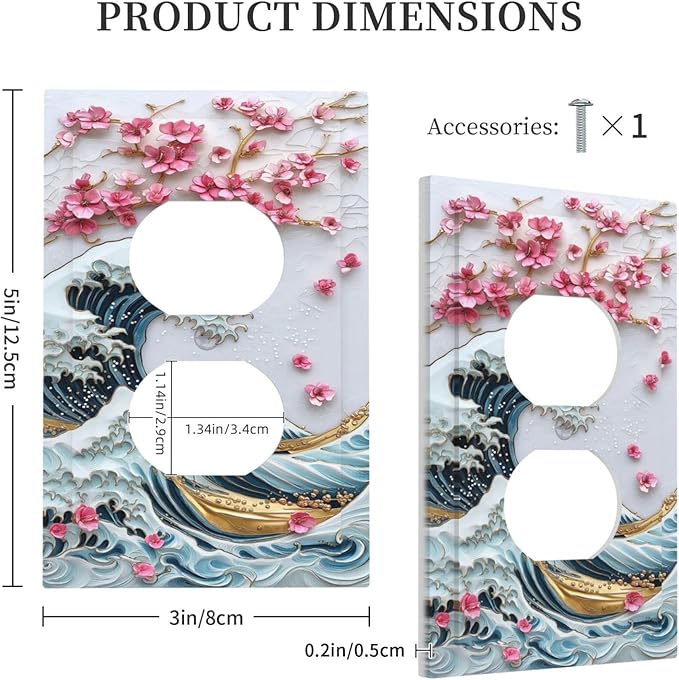 Outlet Covers The Great Wave Off Kanagawa With Sakura 1 Gang Duplex Wall Plate Decorative Switch Plates Electrical Receptacle Faceplate Light Switch Cover for Bedroom Bathroom Decor
