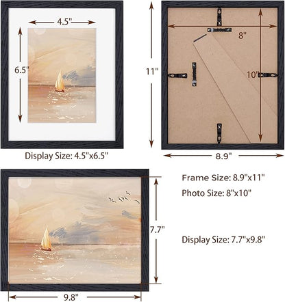 8x10 Picture Frame Black Set of 3, Solid Oak Wood Photo Frames 8 x 10 for Wall, Real Glass 8"x10" Frame with Stand, 8 by 10 Black Wood Frame, 8x10 Matted Frame for 5x7