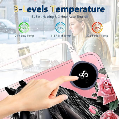 Heated Mouse Pad with 3 Temperature Settings(104°F–122°F),Large 24x14.2 Inch PU Leather Heated Desk Mat,Waterproof Warming Pad for Office,Gaming & Cold Hands Relief,Pink Rose Black Horse