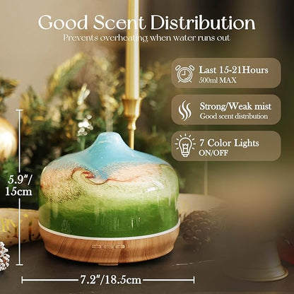 Porseme 500ml Glass Essential Oil Diffuser Aromatherapy Ultrasonic Cool Mist Humidifier 15-21 Running Hours Waterless Auto-Off Air Diffusers for Sleeping Yoga Office Working Spa and Rest (Blue Grass)