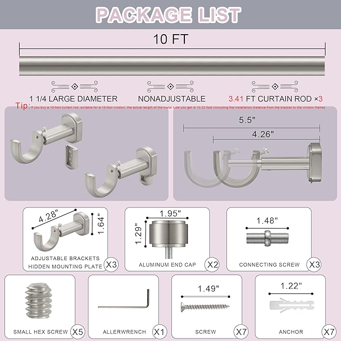 Heavy Duty Curtain Rods,1 1/4" Large Diameter Premium Nonadjustable Curtain Rod,120in/10ft Custom Window Treatment Rods with Durable Aluminum Brackets and End Caps,Brushed Nickel Finish