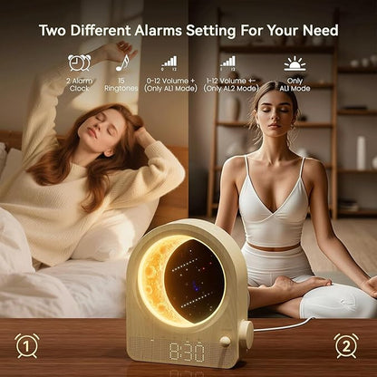 Sunrise Alarm Clocks for Bedrooms, Stepless Dimmable Moon Lamp Dual Alarm Clock Wake Up Light with 12Levels Volume for Heavy Sleepers, 10 Natural Sounds with Timer, Gifts for Women
