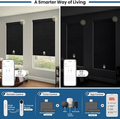 No Drill Motorized Blinds with Remote, Blackout Automatic Blinds with Solar Panel, Cordless Smart Electric Roller Shades for Windows, Black, 35½ x 72