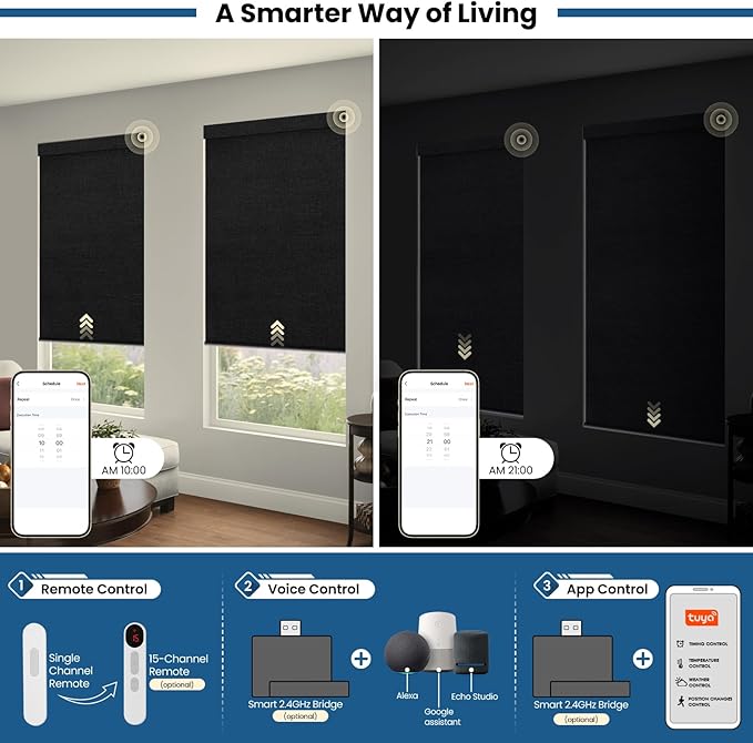 No Drill Motorized Blinds with Remote, Blackout Automatic Blinds with Solar Panel, Cordless Smart Electric Roller Shades for Windows, Black, 34 x 72