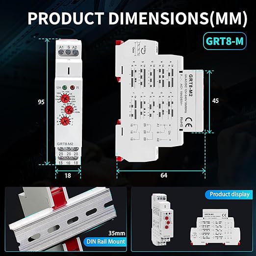 Multifunction Time Relay 2 Outputs 16A Adjustable Smart Relay 12V Electronic Timer in Din Rail,0.1s-10 Days Wide Range Delay On Off Factory Automation Universal Voltage GRT8-M2 AC/DC 12V-240V