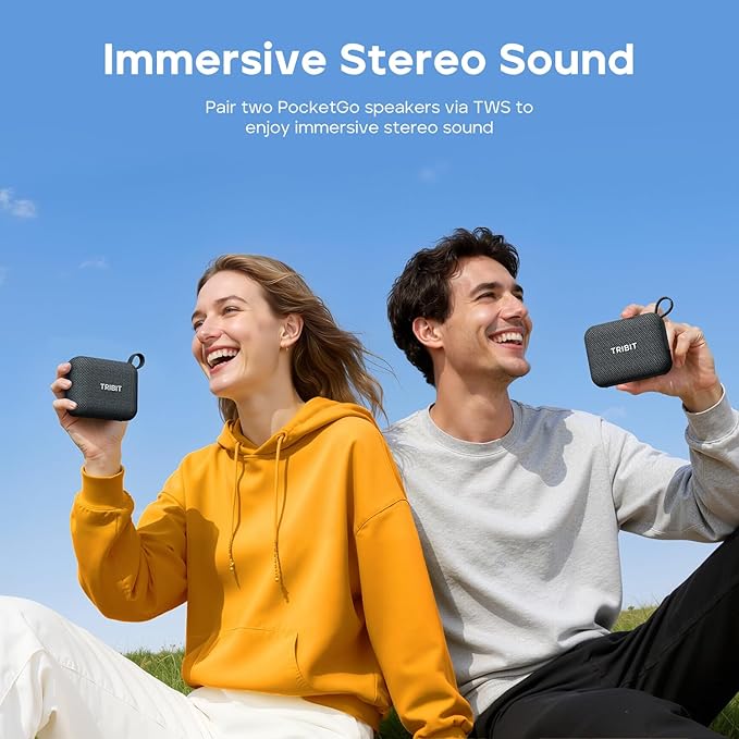 Tribit PocketGo Portable Bluetooth Speaker, 20H Playtime, IP68 Waterproof/Dustproof, Wireless, BT6.0, Shower, Powerful Sound, Custom EQ, TWS, Support TF Card, Floatable, Type-C, Travel/Outdoors/Home