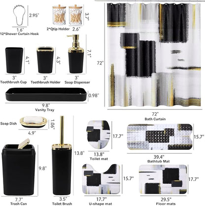 Bathroom Accessories Set - 26PCS Black Bathroom Set, Bathroom Accessory Set with Shower Curtain and Rugs and Bathtub Mats for Home