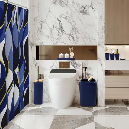 Blue Bathroom Set, Bathroom Sets with Stripe Shower Curtain, Navy Blue and Gold Bathroom Accessories with Trash Can, Soap Dispenser, Soap Dish, Toilet Brush Holder, Qtip Holders for Bathroom