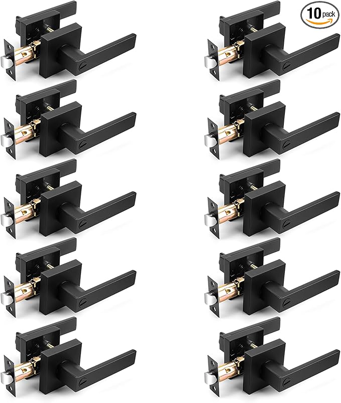 Probrico 10 Pack| Matte Black Square Privacy Door Levers Bed Bath Door Handles, Heavy Duty Interior Keyless Door Locks for Left or Right Sided Doors