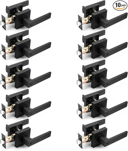 Probrico 10 Pack| Matte Black Square Privacy Door Levers Bed Bath Door Handles, Heavy Duty Interior Keyless Door Locks for Left or Right Sided Doors