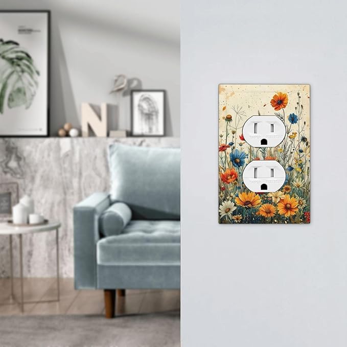 Outlet Covers Colorful Flowers Wildflowers Plants Orange Yellow Blue 1 Gang Duplex Light Switch Cover Plate Decorative Switch Plate Covers Electrical Socket Cover for Home Farmhouse Decor
