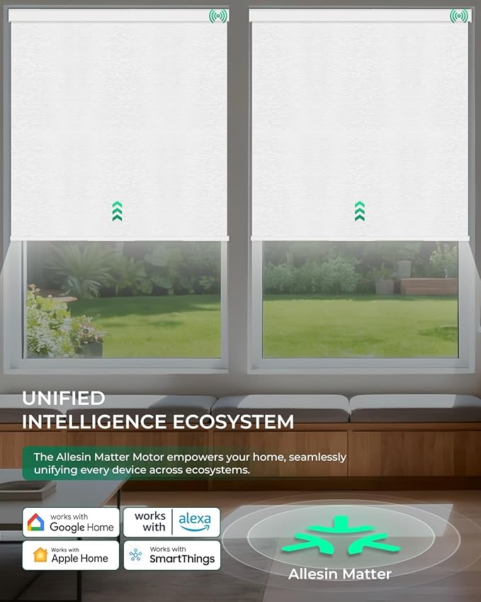 Allesin Motorized Roller Blinds – Rechargeable Smart Shades with Remote & Quiet Motor, Top/Bottom Aluminum Rails, Alexa-Compatible for Window (Custom Size, 100% Blackout Cloud-Patterned)