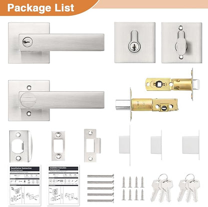 Probrico Satin Nickel Entry Levers Lock Sets and Single Cylinder Deadbolts Keyed Alike Combination Set, Heavy Duty Square Entry Door Locksets Front Door Bedroom Entrance Lock, 6 Pack(All Same Keys)