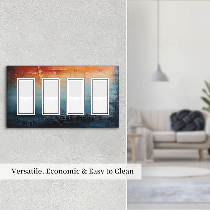 Blue Orange Abstract Modern Minimalist Oil Painting 4 Gang Wall Plates Outlet Covers Quad Rocker Light Switch Cover Plate Decorative Switch Plates GFCI Electrical Faceplate 4.5 X 8 IN