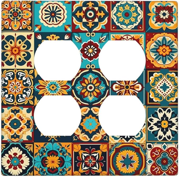 Mexican Talavera Ceramic Tile Moroccan Boho Outlet Covers 2 Gang Double Duplex Decorative Light Switch Covers Electrical Wallplates Socket Faceplate for Bathroom Kitchen Decor