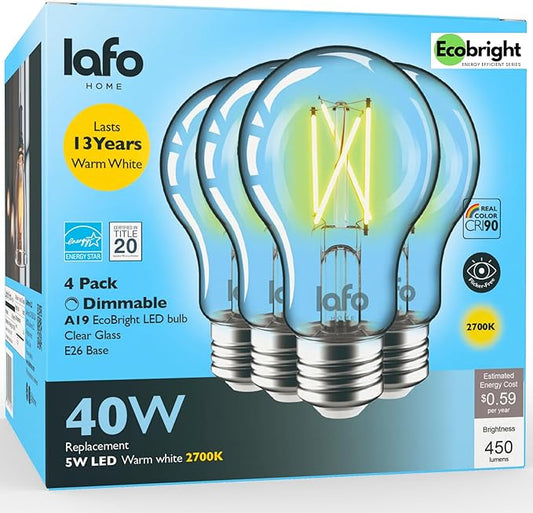 EcoBright 4PK Dimmable A19 LED Filament Bulb 40W Equivalent 5W E26 Base 450 Lumens CRI90 Flicker Free Clear Glass Energy Star Title 20 Warm White 2700K for Lamps Indoor Use