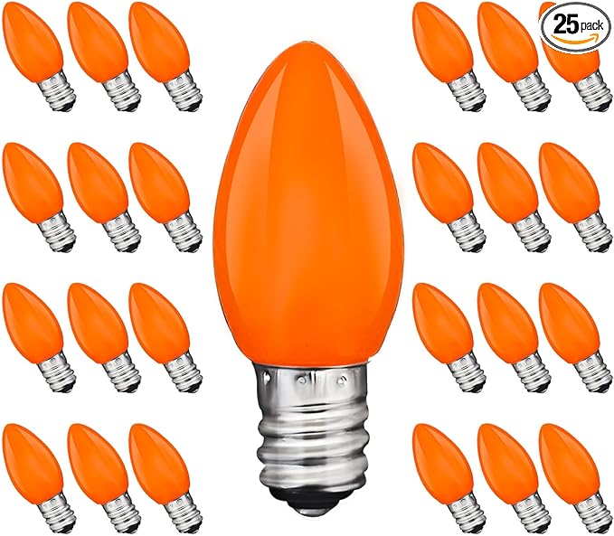 C7 Orange LED Light Bulbs, 25-Pack E12 Base, Halloween & Outdoor String Lights, Waterproof, Energy-Efficient Night Light Bulbs, Replacement Bulbs for Porch, Patio, Yard & Holiday Decor
