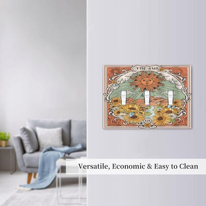 Boho Retro Sun Sunflower Vintage Flower Butterfly Decorative Switch Plates 3 Gang Wall Plate Triple Toggle Light Switch Cover Faceplate Electrical Wall Panels for Farmhouse Home Decor