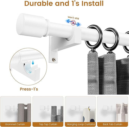 White Aluminium Curtain Rods for Windows,1 Inch Adjustable Curtain Rod 48 to 84 Inch,Heavy Duty Drapery Rods with Thicken Bracket,Modern Single Rod with Aluminium Finials