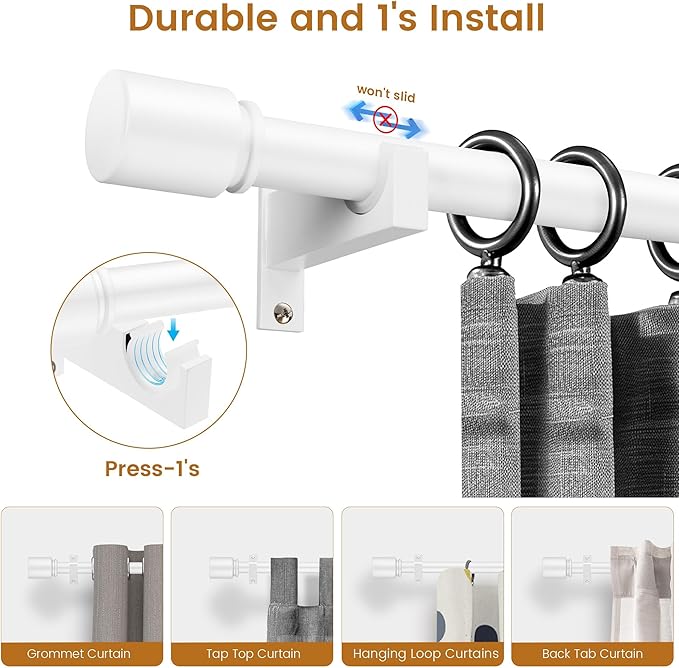 White Aluminium Curtain Rods for Windows,1 Inch Adjustable Curtain Rod 72 to 144 Inch,Heavy Duty Drapery Rods with Thicken Bracket,Modern Single Rod with Aluminium Finials