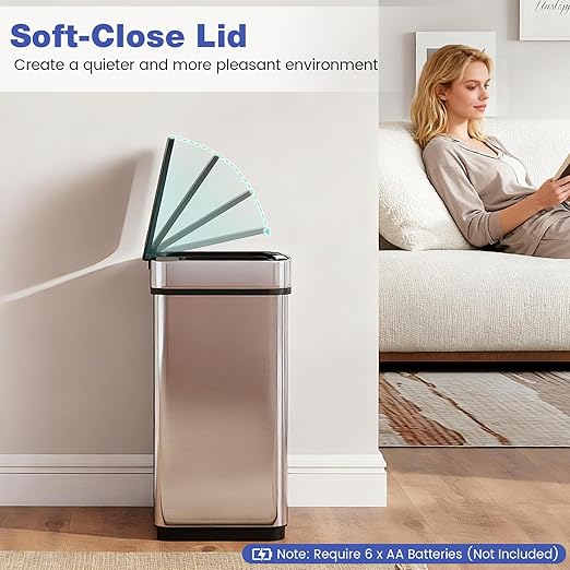 Goplus 16 Gal Automatic Trash Can, Stainless Steel Motion Sensor Trash Can with 2 Compartments, Quick Response & Soft Close Lid, Touchless Compact Garbage Bin for Kitchen, Bedroom, Bathroom and Office