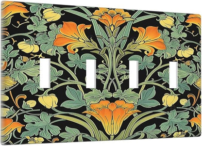 Light Switch Covers William Morris Vintage Floral Green Yellow Quad Toggle Electrical Faceplate 4 Gang Wall Plate Decorative Switch Plates for Bedroom Home Decor