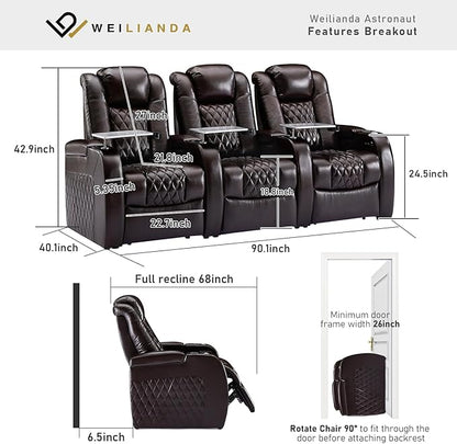 Weilianda Home Theater Seating Top Grain Leather Zero Gravity Recliner Chair Power Headrest Recline Movie Seat Gaming 7 Colors Mood Light Sofa with Tray Table USB Charge Row of 3 Brown