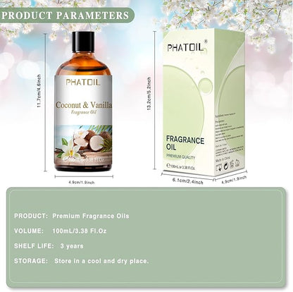 PHATOIL 3.38FL.OZ Coconut & Vanilla Fragrance Oils for Aromatherapy, Essential Oils for Diffusers for Home, Perfect for Diffuser, Yoga, DIY Candle and Soap Making - 100ml