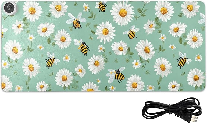 Heated Desk Pad Mouse Pad 31.5x13 Inch PU Leather Desk Mat with 3 Heat Levels Large Mouse Gaming Computer Laptop Mat Mint Green Daisy Flowers and Bees