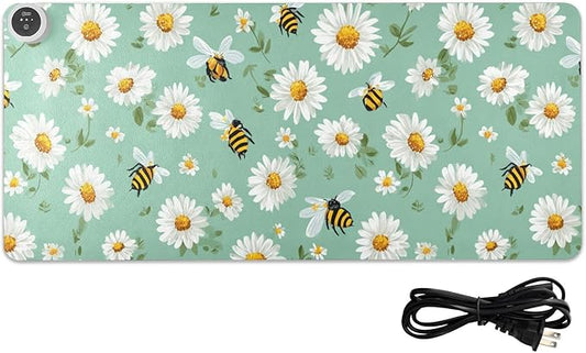Heated Desk Pad Mouse Pad 31.5x13 Inch PU Leather Desk Mat with 3 Heat Levels Large Mouse Gaming Computer Laptop Mat Mint Green Daisy Flowers and Bees