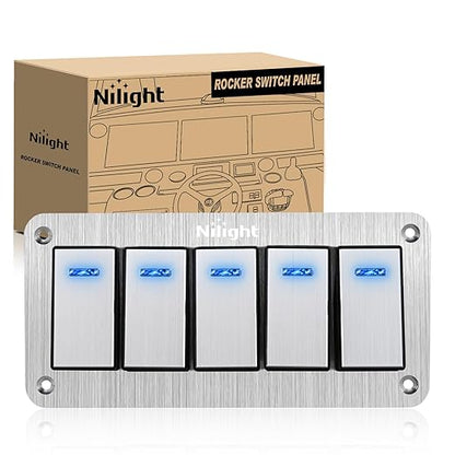 Nilight 5 Gang Rocker Switch Panel 3 Pin On Off Pre-Wired Blue LED Waterproof Aluminum with DIY Stickers for 12V 24V Automotive Cars Marine Boats UTV Truck Jeeps
