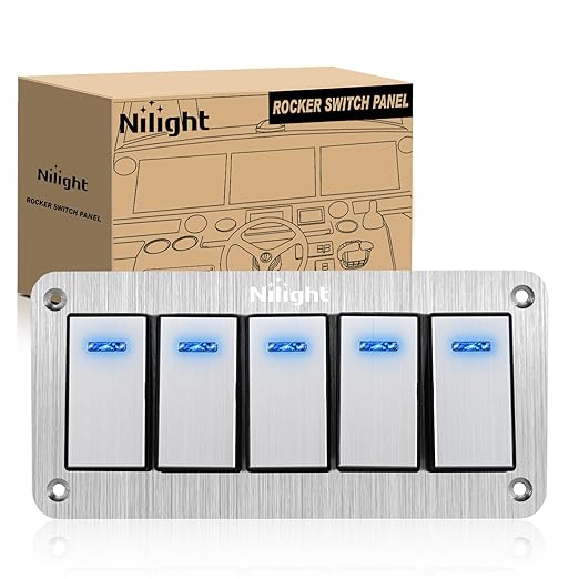 Nilight 5 Gang Rocker Switch Panel 3 Pin On Off Pre-Wired Blue LED Waterproof Aluminum with DIY Stickers for 12V 24V Automotive Cars Marine Boats UTV Truck Jeeps