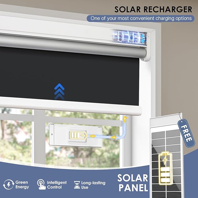 Motorized Roller Blinds with Remote Control & Solar Panel - 100% Blackout Smart Blinds, Automatic, Cordless, Electric Shades - Compatible with Alexa - Grey, 28" W x 72" H